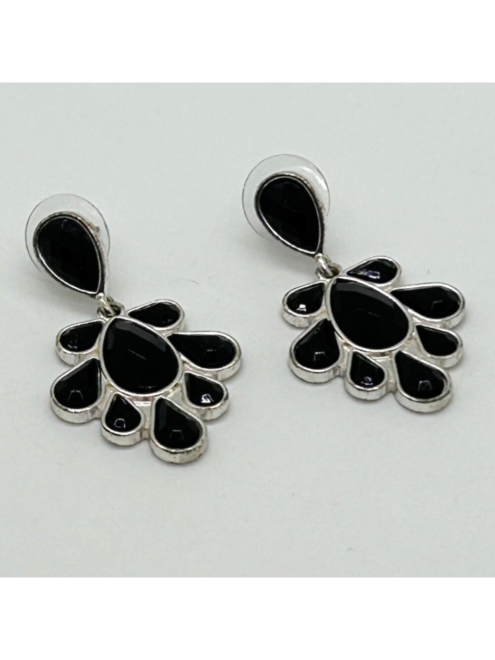 Black Acrylic Teardrop Dangle Silvertone Modernist Pierced Statement Earrings